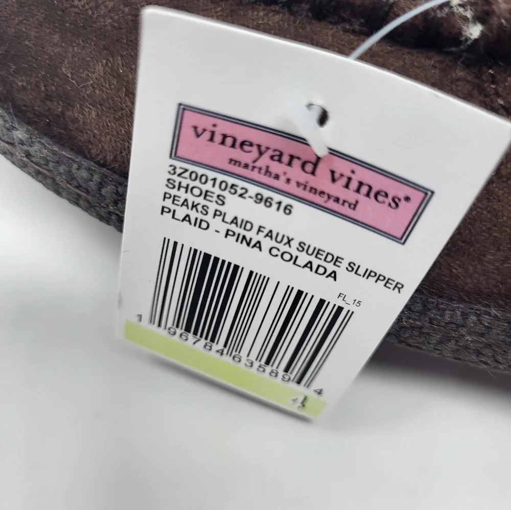 Vineyard Vines Boys Size 4 Peak Plaid Moccasin Slippers Brown‎ Suede Lined